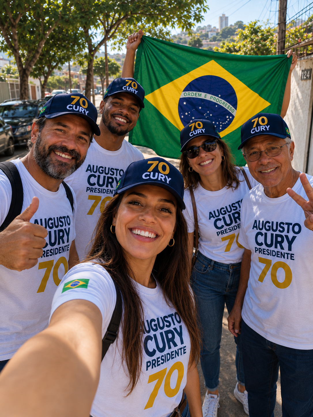 Grupo de pessoas vestindo camisas e bonés da campanha Augusto Cury 70